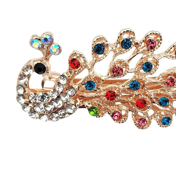 Peacock Colorful Rhinestone Rose Gold Tone Womens Girls Hair Clip - Picture 6 of 10